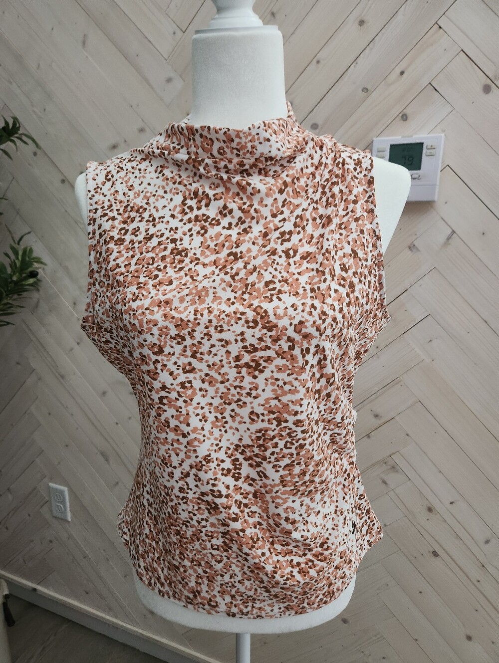 Sleeveless Cowl Neck Top in Cream and Brown Speckled Print